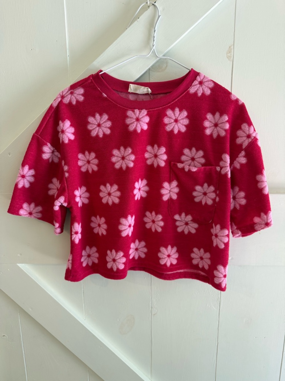 New In Women’s Small Pink Daisy Terry Cloth Crop Top Pocket Floral Top
